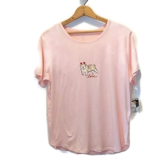 Ellen Degeneres ED Women's Size M Light Pink Dog Love Print Short Sleeve Top New - Picture 1 of 6
